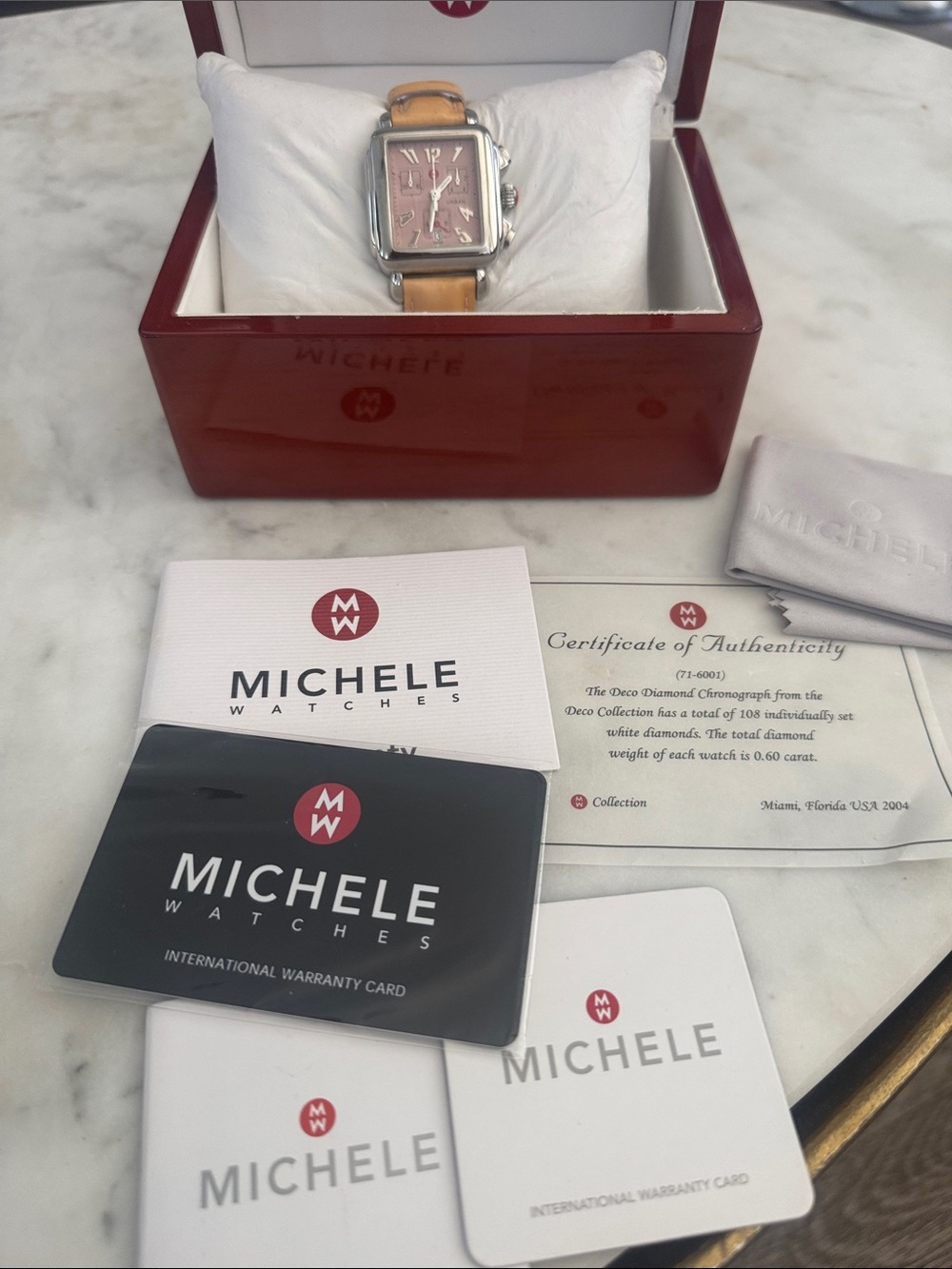 Michele Pink Dial Watch with yellow Leather Strap